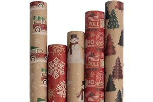 JAM Paper Assorted Gift Wrap - Christmas Kraft Wrapping Paper - 125 Sq Ft Total - Kids Kraft Christmas Set - 5 Rolls/Pack