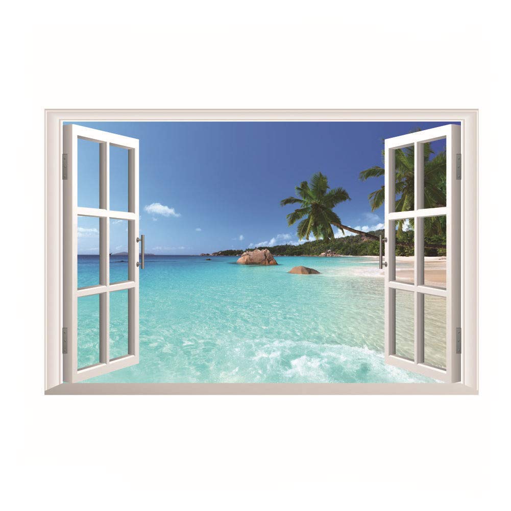 3D Fake Window View Beach Scenery Wall Sticker Mural Art Decal for Home Decor - Beach