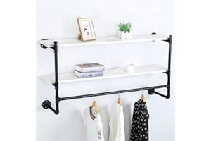 JIANZHUO Industrial Pipe Clothing Rack Wall Mounted with Wood Shelf,Rustic Retail Garment Rack Display Rack Cloths Rack,Pipe Shelving Floating Shelves