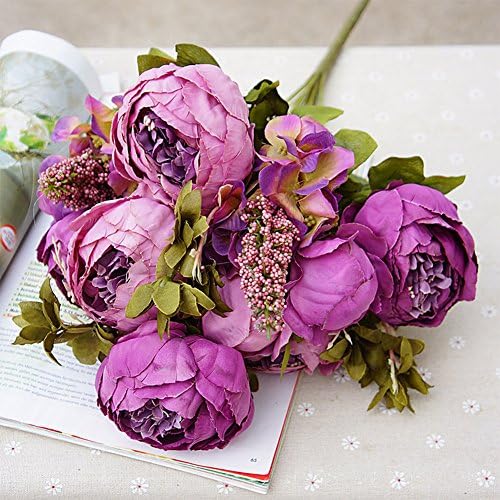 Artificial Peony Flowers Colorful Spring Flowers Soft Silk Bouquet for Home / Office / Wedding / Party Decor (Dark Purple)