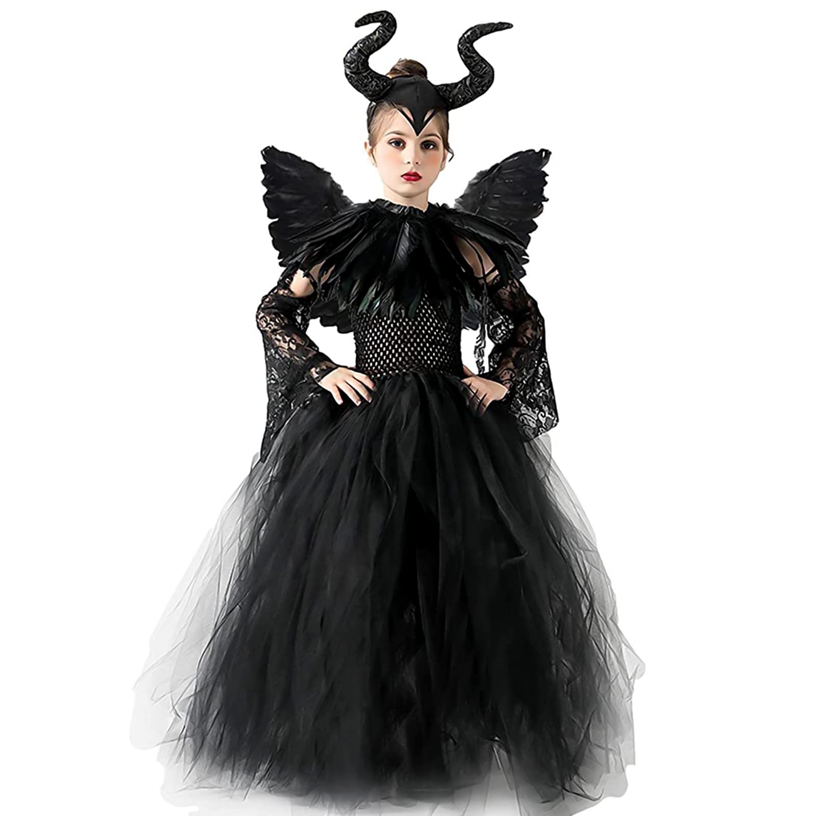 Photo 1 of AMOBON Halloween Maleficent Costume for Girls: Evil Queen Witch Dress with Black Wings Horns Cape for Kids Cosplay Carnival Party (L)