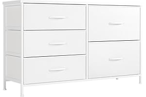 Nicehill White Dresser for Bedroom with 5 Drawers, Small Dresser for Kids' Bedroom, Closet, Wide Chest of Drawers with Fabric Storage Drawers, Wooden Top, Steel Frame, Modern, White