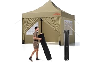 Benass 10x10 Heavy Duty Pop Up Canopy with 4 Sidewalls, 550D Commercial Easy Up Canopy Tent, Waterproof Outdoor Party Tent with Roller Bag, Khaki