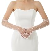 Zelphvt Pearl Long Wedding Gloves Women’s Tulle Bridal Gloves Sheer White Finger Long Bridal Sleeves, Opera Prom Evening Party Costumes for Women