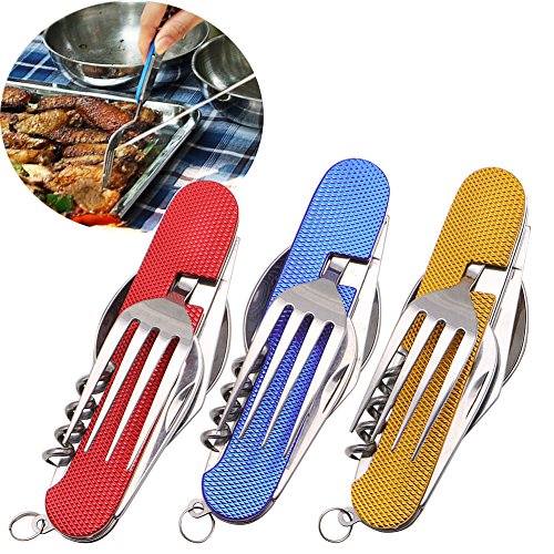ULKEME 3 in 1 Folding Stainless Steel Spoon Fork Knife Tableware Multi Tool for Camping Blue - Thumbnail 2