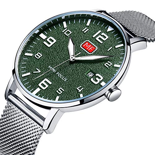 Men's Analog Quartz Watch with Numbers Date Waterproof Silver Stainless Steel Mesh Band Green Dial Casual Dress Wrist Watches for Men