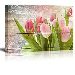 Pink and Fuschia Tulips - Rustic Floral Arrangements - Pastels Colorful Beautiful - Wood Grain Antique - Canvas Art Home Art - 12x18 inches