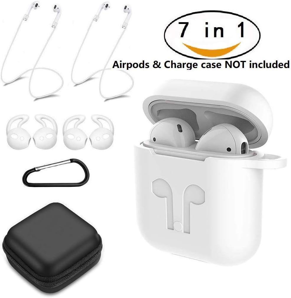 AirPods Case 7 in 1 Airpods Accessories Kits Protective Silicone Cover and Skin for Apple Airpods 1 & 2 Charging Case with Airpods Ear Hook Airpods Straps (White)