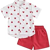 Lesimsam Toddler Baby Boy Valentines Outfits Button Up Short Sleeve Shirt and Shorts Set 2Pcs Valentines Clothes