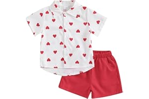 Lesimsam Toddler Baby Boy Valentine's Day Outfits Button Up Short Sleeve Shirt and Shorts Set 2Pcs Valentines Day Clothes