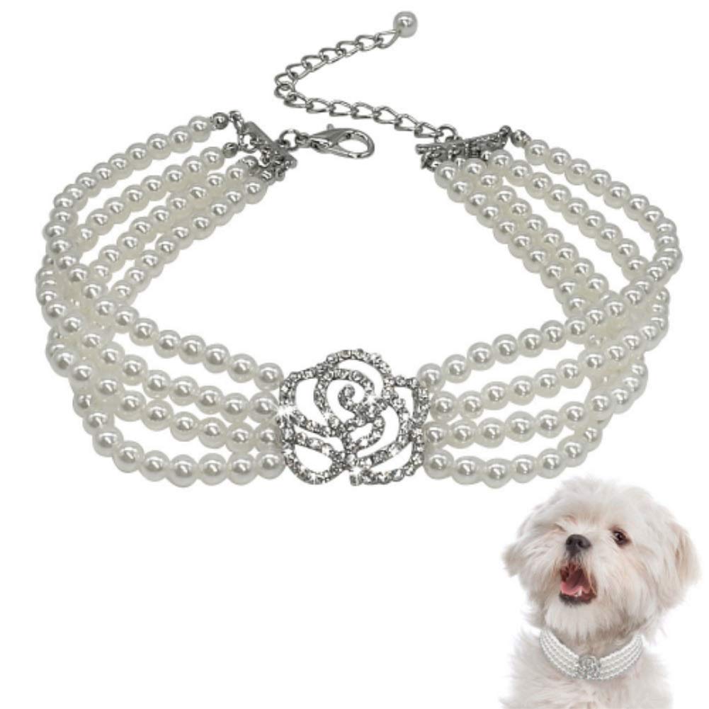 Stock Show Pet Cute Pearls Collar Necklace Dogs Bling Jewelry Necklace with Rhinestone Rose Flower Pendant Dog Cat Fancy Princess Wedding Collar for Small Dogs Cats Kitten Puppy Rabbits, White, M