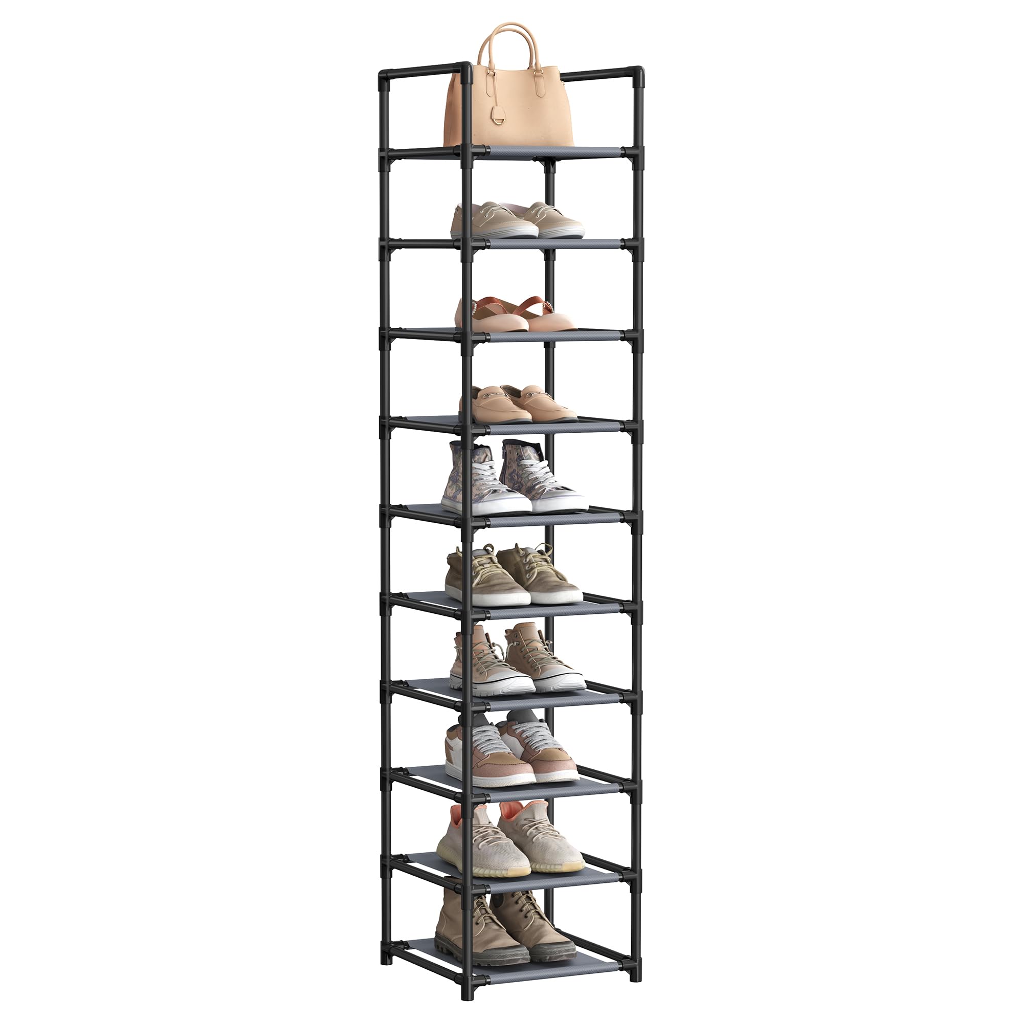 SONGMICS 10-Tier Shoe Rack, Shoe Stand, Space-Saving Shoe Storage, 33 x 33 x 173 cm, Metal Frame, Non-Woven Fabric Shelves, for Hallway, Bedroom, Grey LSR110G01
