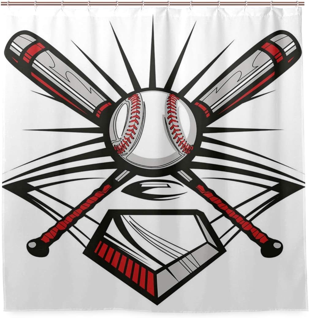 Amazon Ecomaomi シャワーカーテン 防水 ポリエステル 風呂カーテン 浴室 おしゃれ かわいい ボールイラストエンブレムシンボルデザインスポーツアイコンとコウモリを渡った 取付簡単 浴室 間仕切り カーテンリング付属 シャワーカーテン ホーム キッチン オンライン通販
