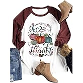 Women Give Thanks Pumpkin Letter Print T-Shirt Thanksgiving Baseball 3/4 Sleeve Top