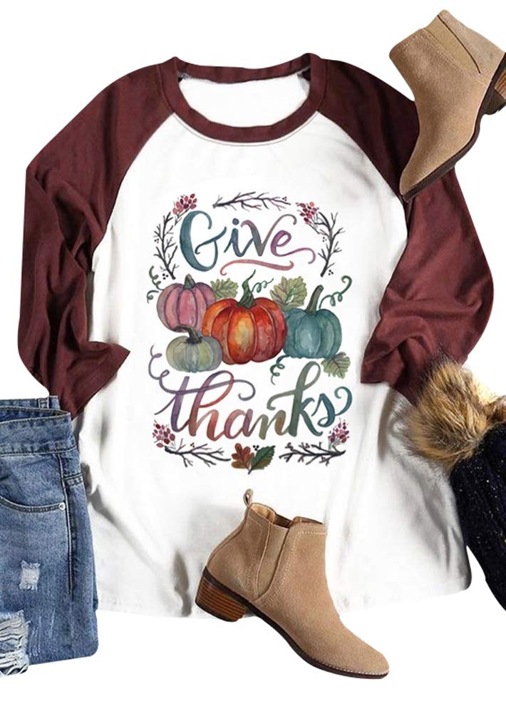 Photo 1 of Women Give Thanks Pumpkin Letter Print T-Shirt Thanksgiving Baseball 3/4 Sleeve Tops (XL, White)