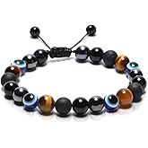 QIANCHANG Evil Eye Bracelet for Men Women, Multiple Protection Bracelets, Obsidian Stone, Tiger Eye and Black Tourmaline Bracelet for Good Luck