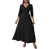 FANDEE Women Casual Summer Dresses 2024 Spring V Neck Ruffle 3/4 Sleeve Solid Boho Flowy Maxi Dress Black,XX-Large