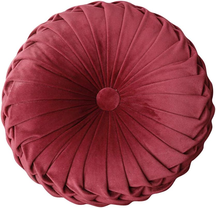 Ewer Round Pumpkin Throw Pillow European Velvet Sofa Pillow Pleated Round Floor Filled Cushion Home Decorative for Couch Chair Bed Car, 15inch, Red