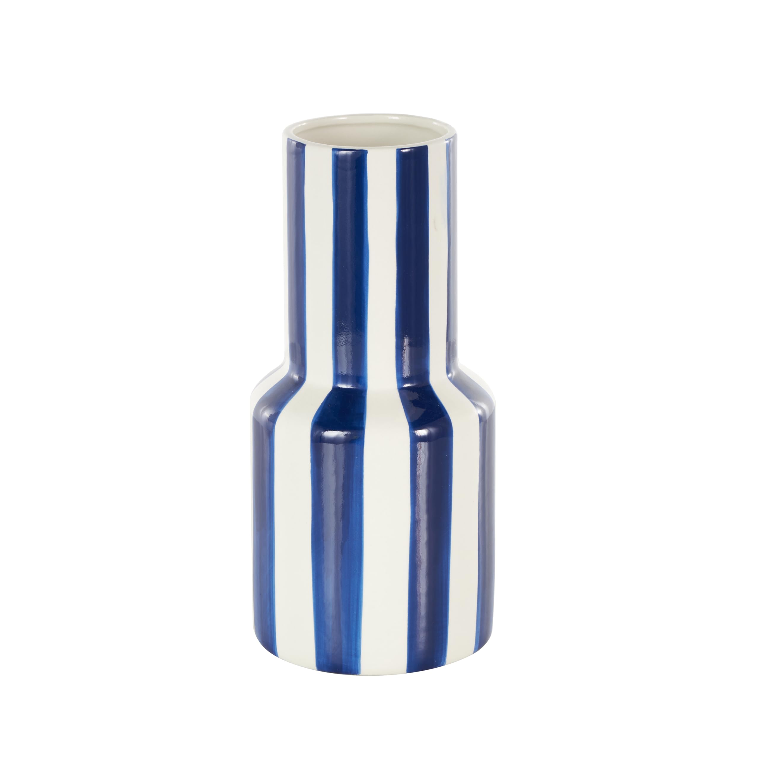 Photo 1 of Deco 79 Ceramic Decorative Vase Round Centerpiece Vase with Blue Vertical Stripes, Flower Vase for Home Decoration 5" x 5" x 11", White