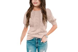 Batermoon Girls' Puff Short Sleeve Sweaters Crewneck Hollow Out Knit Pullover Tops