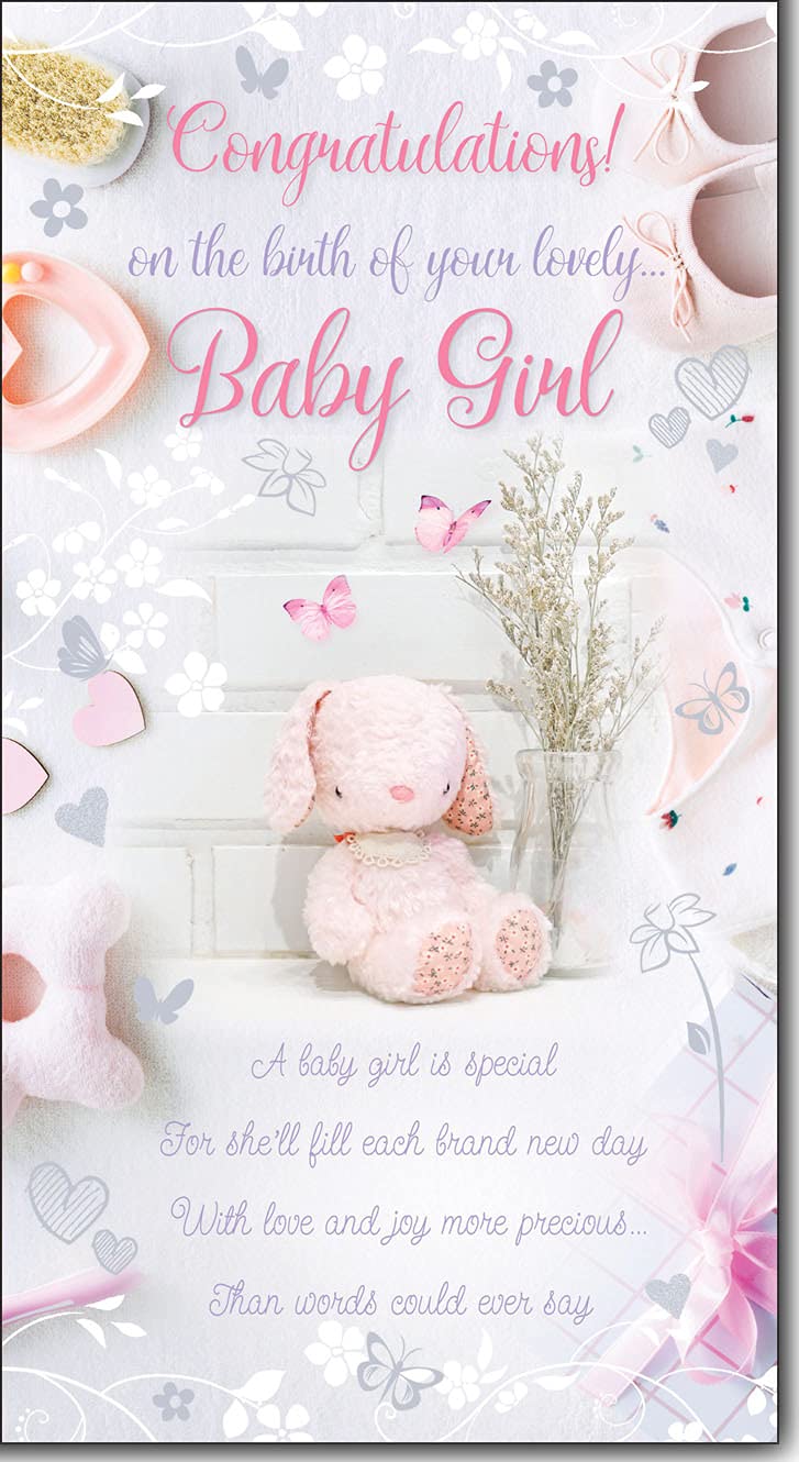 Baby Girl Birth Congratulations Greeting Card with Colour Insert & Lovely Verse - Foil Finish Pink Teddy Bear - Loving Words by Cadigan Cards (ED7013)