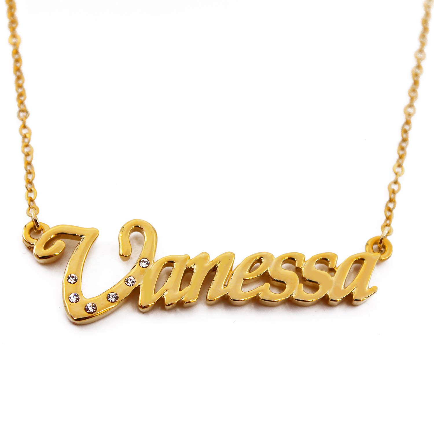 Kigu Vanessa Name Necklace Personalised 18K Gold Plated, Custom Dainty Name Pendants, Jewellery for Ladies, Girlfriend, Mother, Sister, Friends Inc Bag & Box