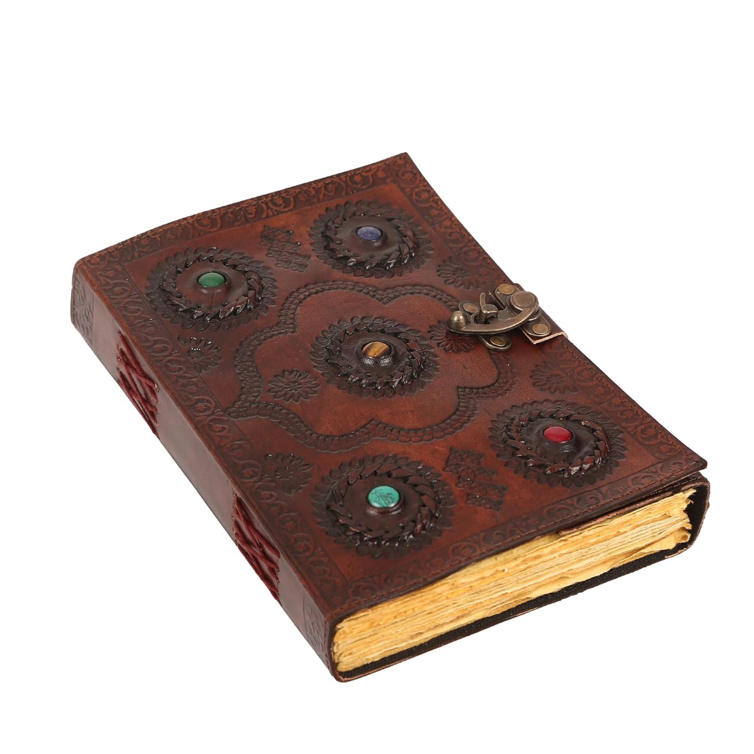 ANANYOM Handcrafted Leather Journal for Writing 5 Stone 10x7 inches Hand Embossed Design 200 Pages,Sketchbook with Brass Clasp Lock, Embossed, Office Journal Deckle Edge