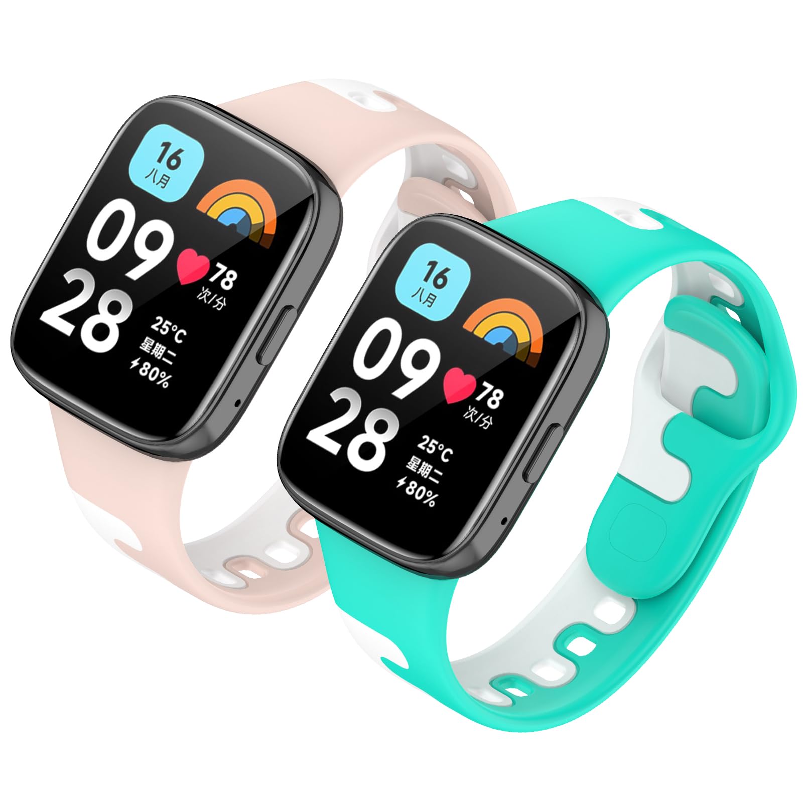 Xisair 2 Pieces Silicone Strap Compatible with Redmi Watch 3 Active Straps Sport Replacement Wristbands for Redmi Watch 3 Active Wristband Waterproof, Breathable Watchband