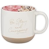 Christian Art Gifts Large Novelty Inspirational Ceramic Coffee & Tea Mug for Women: Strong & Courageous Encouraging Scripture, Non-toxic, Lead & Cadmium-free, White Floral, 15 oz.