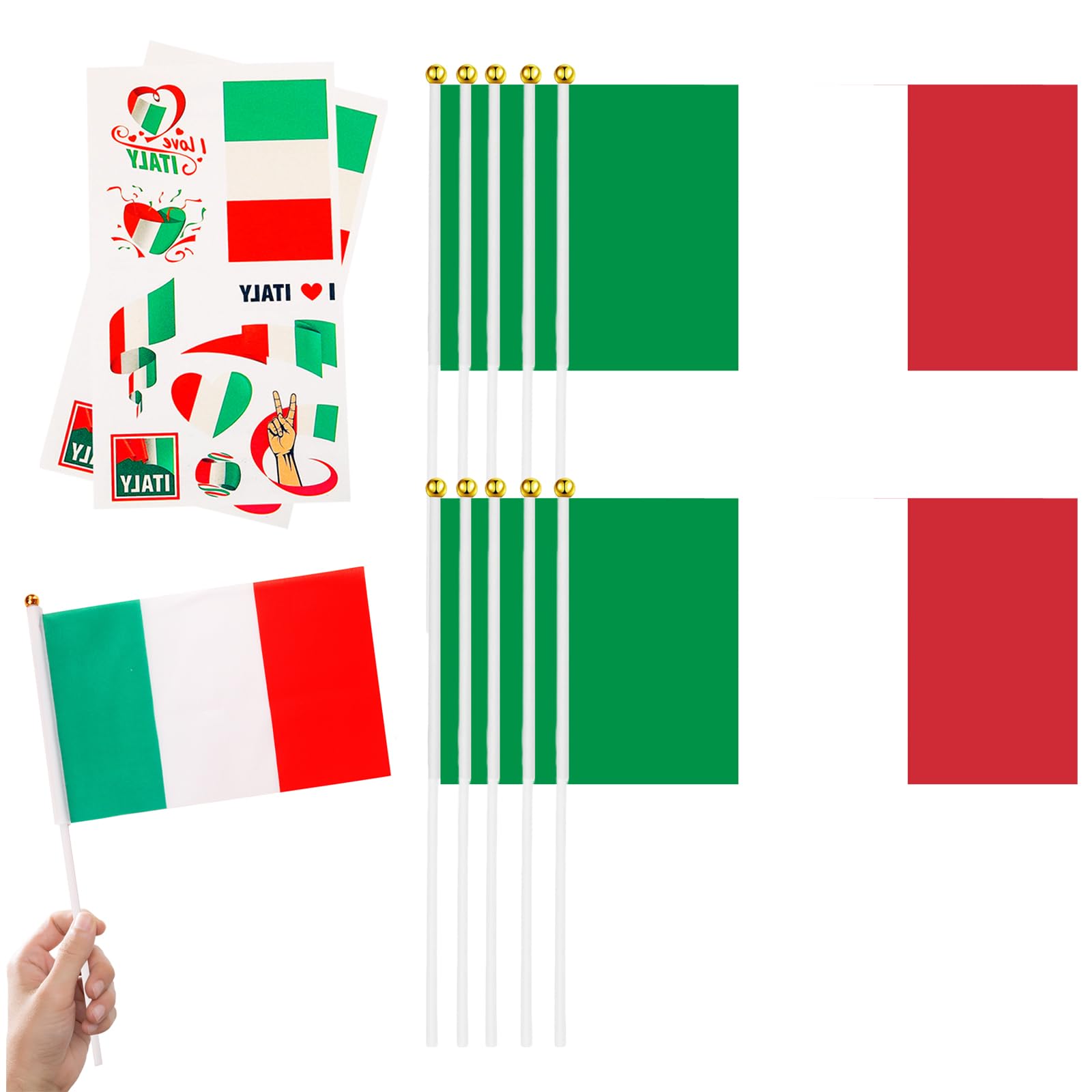 10pcs Small Italian Flags on Sticks & 2pcs Temporary Tattoos for Oly Football 2024 Party,Mini Italy Flags on Sticks Hand Held Flags for Sports Events Celebration Italy's Party Decorations