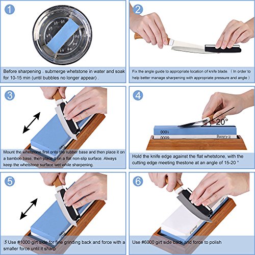 E-Gtong Premium Knife Sharpening Stone Set, 2 Side Grit 1000/6000 Waterstone - Best Kitchen Knife Sharpener Whetstone with Non-Slip Bamboo Base & Angle Guide