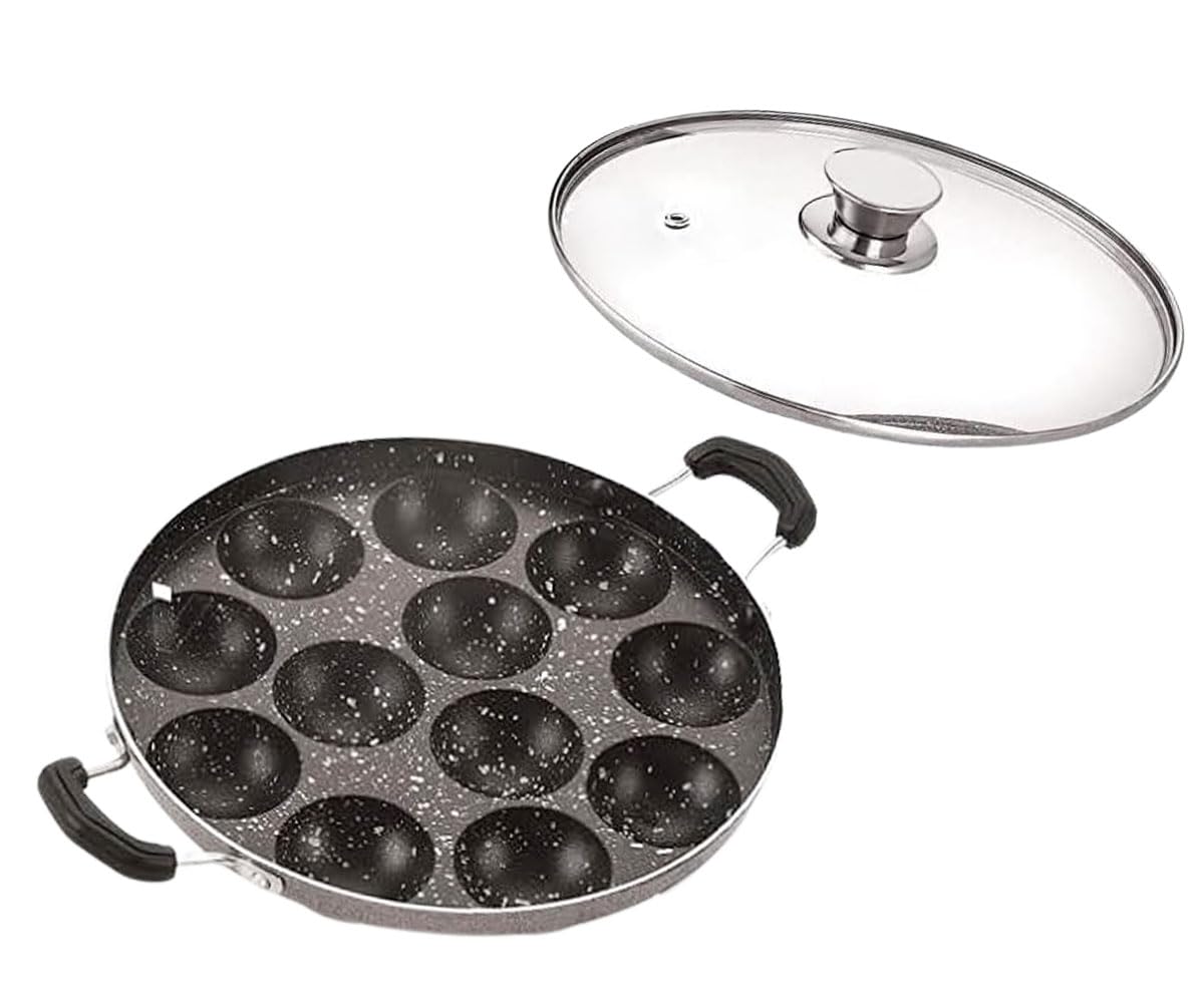 Satre Online and Marketing 12 Cavity Aluminium Non Stick Appam Pan with Glass Lid, Both Side Handle
