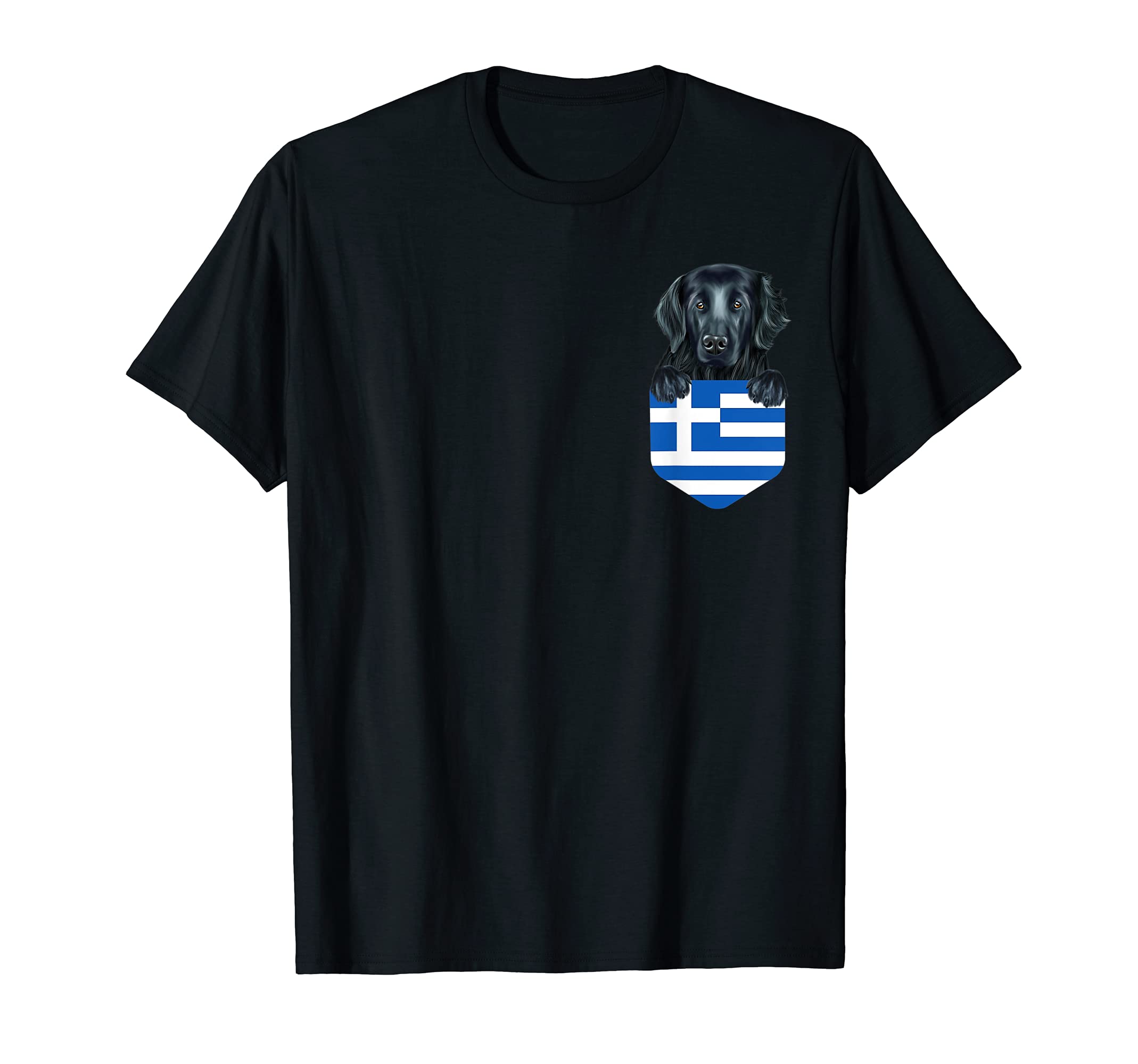 Greece Flag Flat-Coated Retriever Dog In Pocket T-Shirt