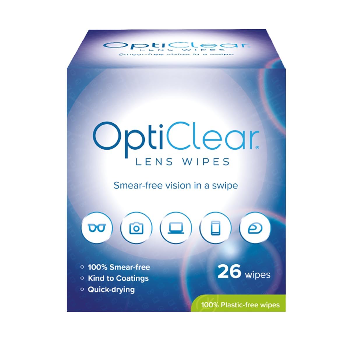 Opticlear Lens Wipes - Cleaning Wipes for Eyeglasses, Smartphones, Tablets, Laptops, TV, Cameras, Screens & Optical Devices - Smear-Free, Quick Drying, Anti-Fog, Safe for Coatings - 26 Count, 6-Pack