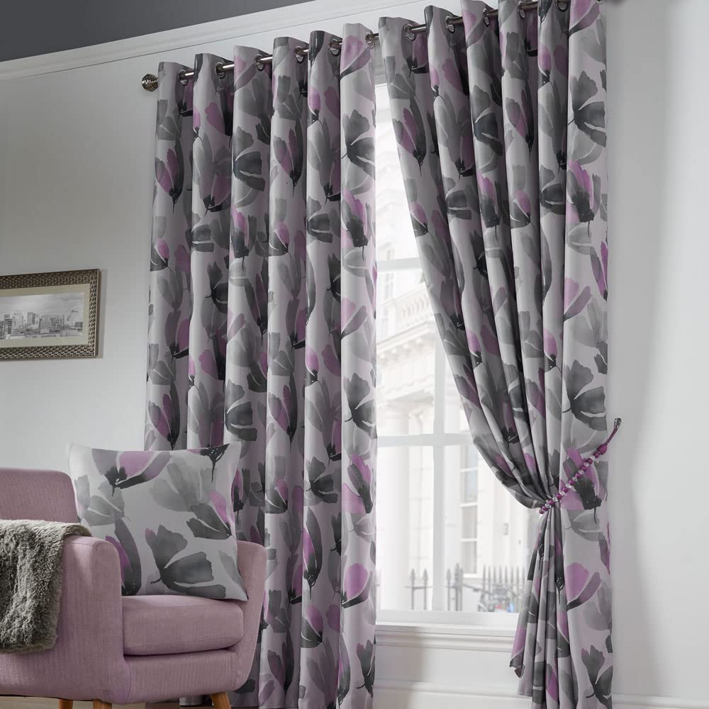 Luxury Living Floral Eyelet Ring Curtain Pair Lined Blackout Thermal Efficient Purple 66x54