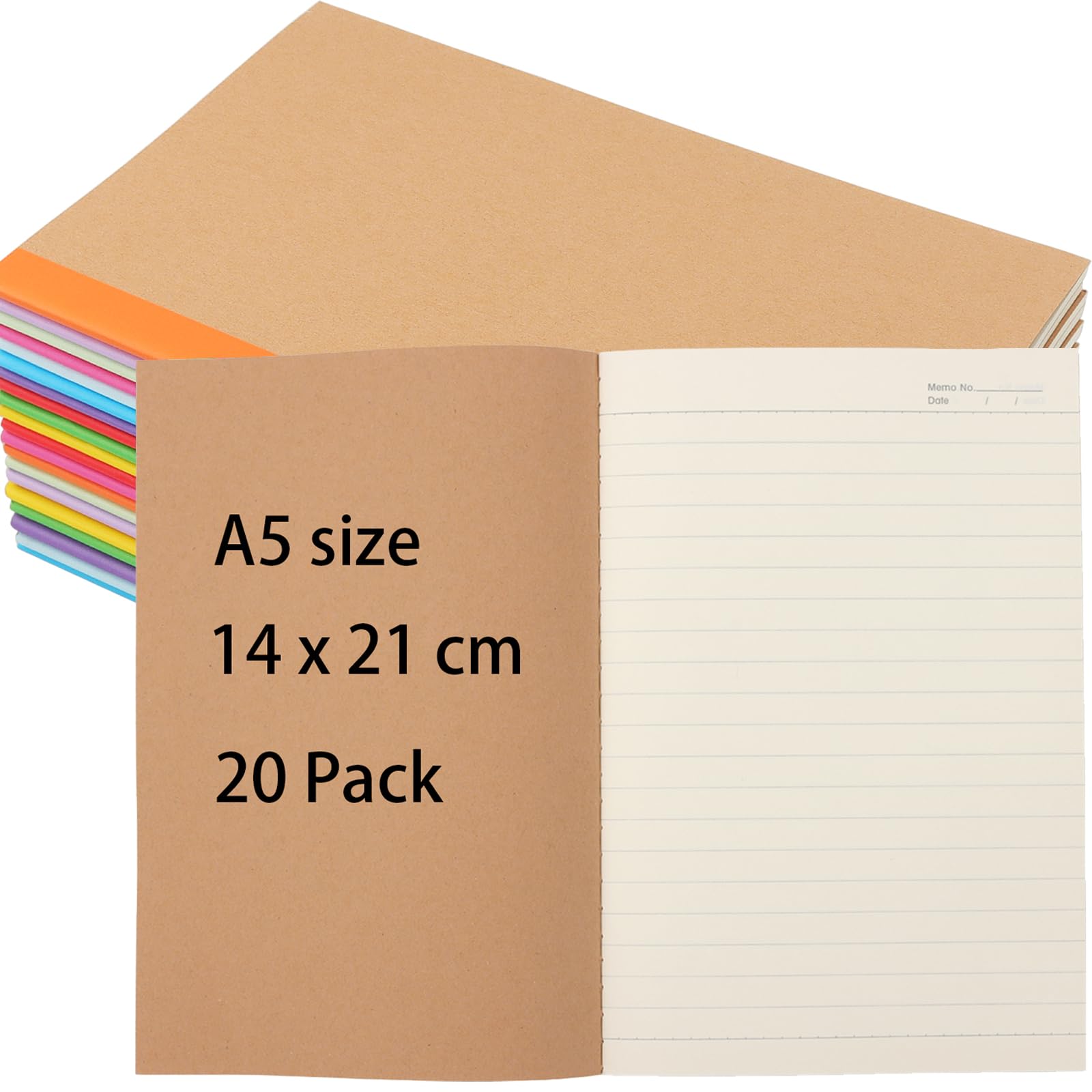 ZOENHOU 20 Pack A5 Notebooks, 60 Pages Brown Kraft Cover Lined Notepad Journal Bulk, Multicoloured Notebooks for Writing, Journaling, Sketching, Note-Taking, 14 x 21 cm