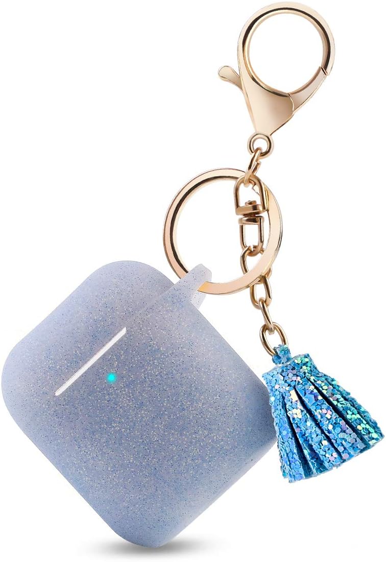 Bqmte Silicone Case Compatible for AirPods, [Front LED Visible] Tassel Keychain Accessories Cute Glittery Protective Case Cover for AirPods 2 & 1 (Light Blue)