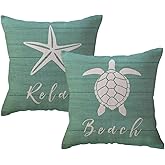 ULOVE LOVE YOURSELF Coastal Beach Throw Pillow Covers 18 x 18 Inch Set of 2 Seaturtle Starfish Summer Beach House Decor Ocean Theme Decorative Cushion Covers for Couch Sofa Bed (Blue Green)