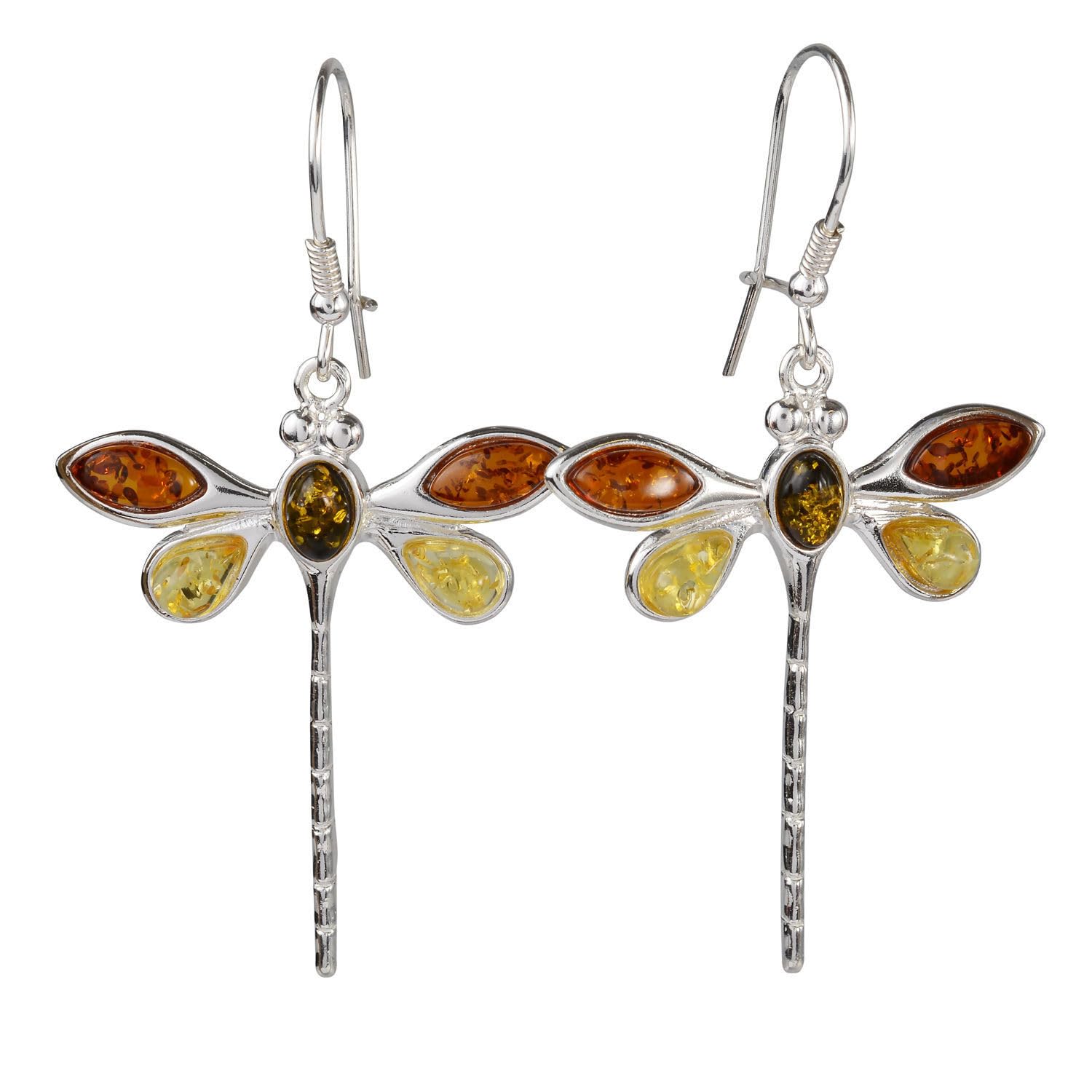 Sterling Silver and Baltic Multicolored Amber Kidney Hook Dragonfly Earrings