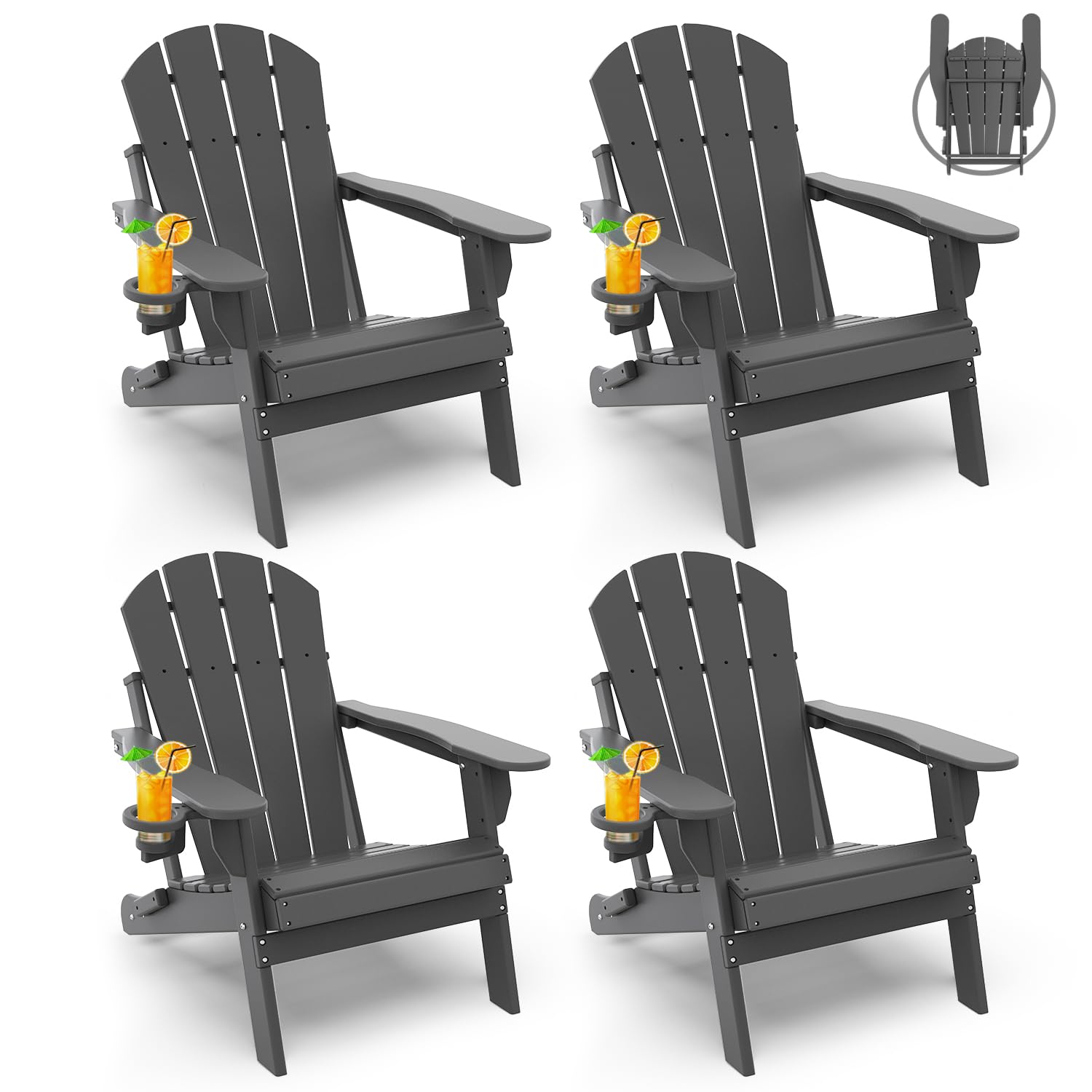 GREENVINES Folding-Adirondack-Chairs-Set-of-4 | HDPE Plastic | Fire Pit Chair | All Weather | Cup Holder | Grey | for Deck Backyard Patio Outdoor Garden Image