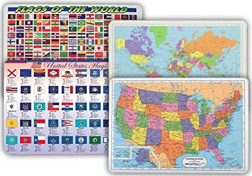 World Map, USA Map, Flags of World, Flags of US States Placemat for Kids - Set of 4 Laminated Children's Learning Mats