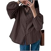 GORGLITTER Women's Bishop Long Sleeve Button Down Blouse Tops Dressy Casual V Neck Fall Business Work Oversized Shirts Coffee Brown Large