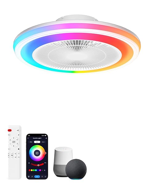 SMART RGB CEILING FANS WITH LIGHTS AND REMOTE，20″ LOW PROFILE CEILING FAN WITH LIGHT ,6-SPEED WIND & DIMMABLE LED,1000+RGB AMBIENT LIGHT ,FLUSH MOUNT CEILING FAN COMPATIBLE WITH ALEXA AND GOOGLE HOME