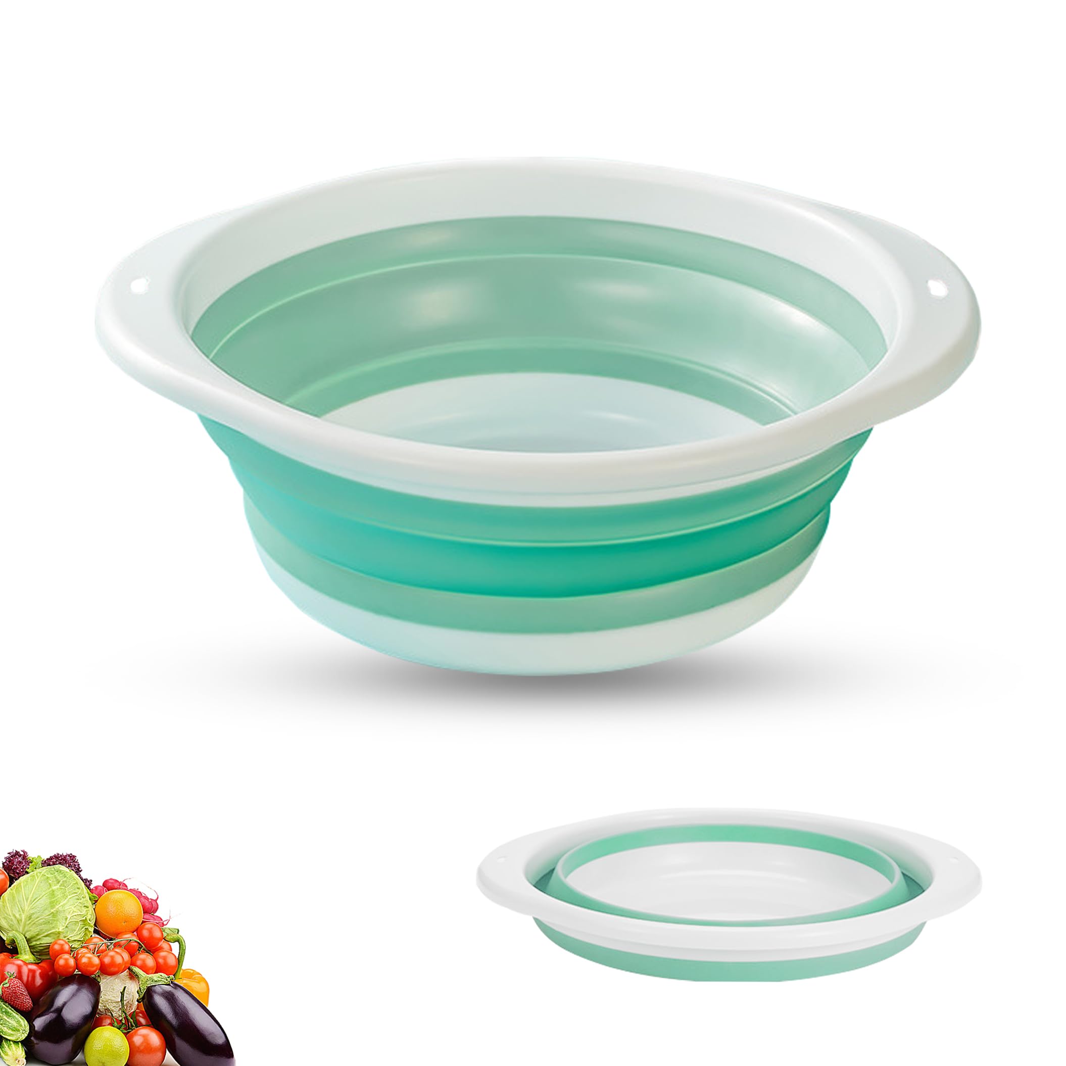 Collapsible Washing Up Bowl, Portable Folding Hand Wash Basin, Multipurpose Outdoor Travel Basin, Washing Up Bowl, Silicone Bowl Tub for Travel Camping Caravans Baby & Adult Wash (Green White, Mini)