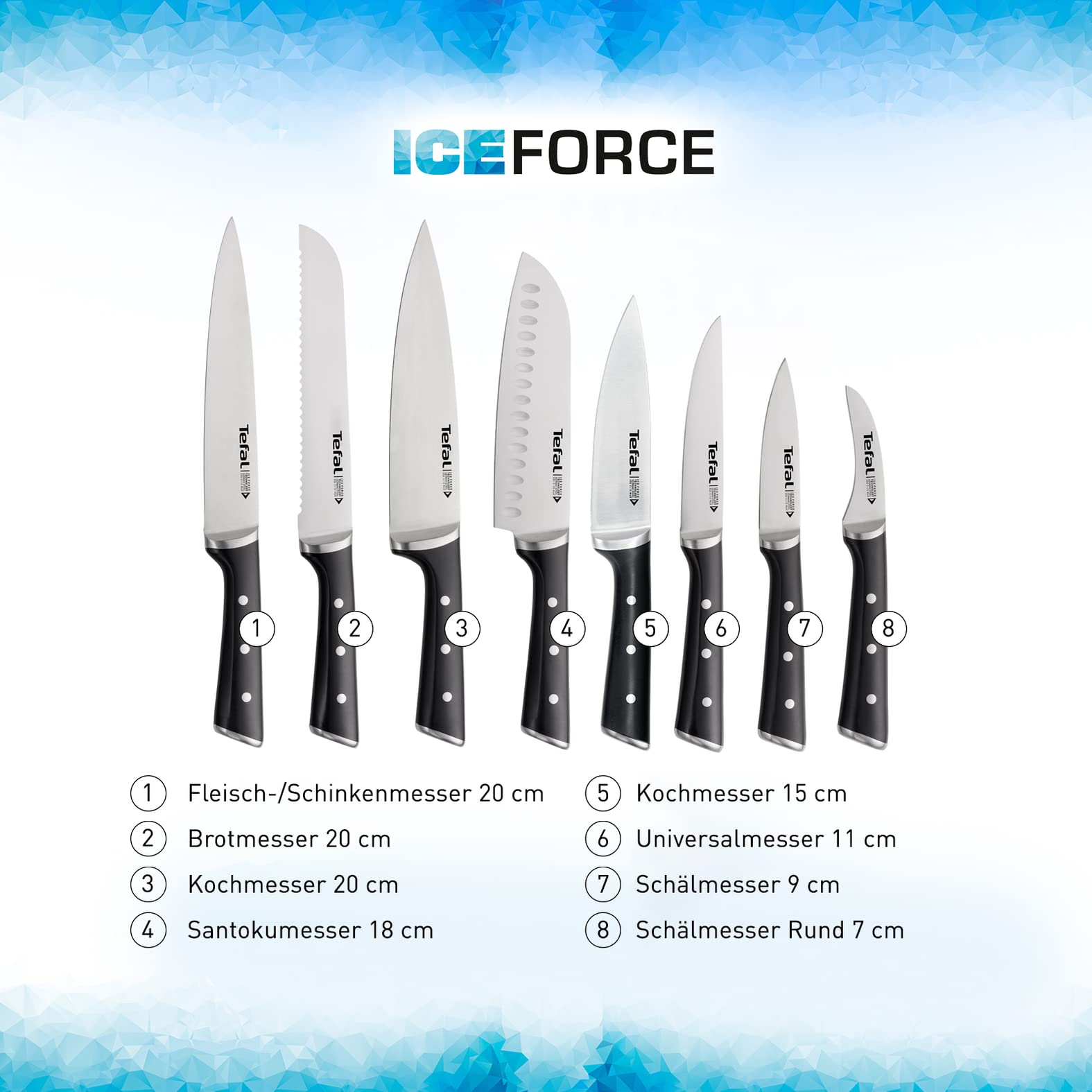 Tefal Ice Force 3er Set, Fleischmesser 20 cm, Santokumesser 18 cm, Universalmesser 11 cm, Edelstahl, schwarz, K232S3 9