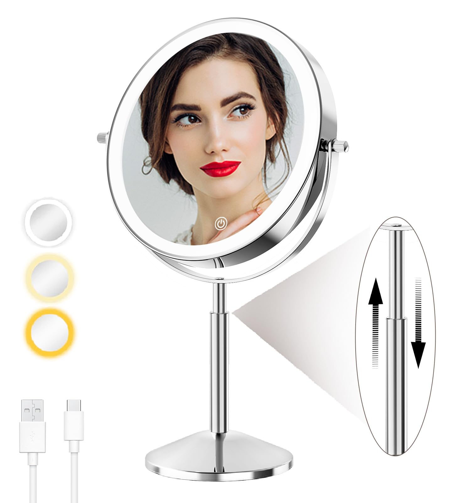 Photo 1 of Large 9in Professional Lighted Makeup Mirror Height Adjustable, Rechargeable 2-sided 1x/10x HD Brighter Light - Higher CRI 88 Surgical-grade LEDs, 3 Colors & Brightness Adjustable, 360° Swivel(Chrome)