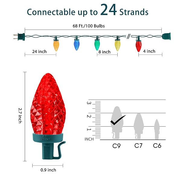 C9 LED CHRISTMAS LIGHTS OUTDOOR, 68 FT 100 LED STRING WITH ALL IN ONE CLIPS, COMMERCIAL GRADE EXTENDABLE WATERPROOF FOR HOUSE OUTSIDE ROOFLINE XMAS DECOR, MULTICOLOR