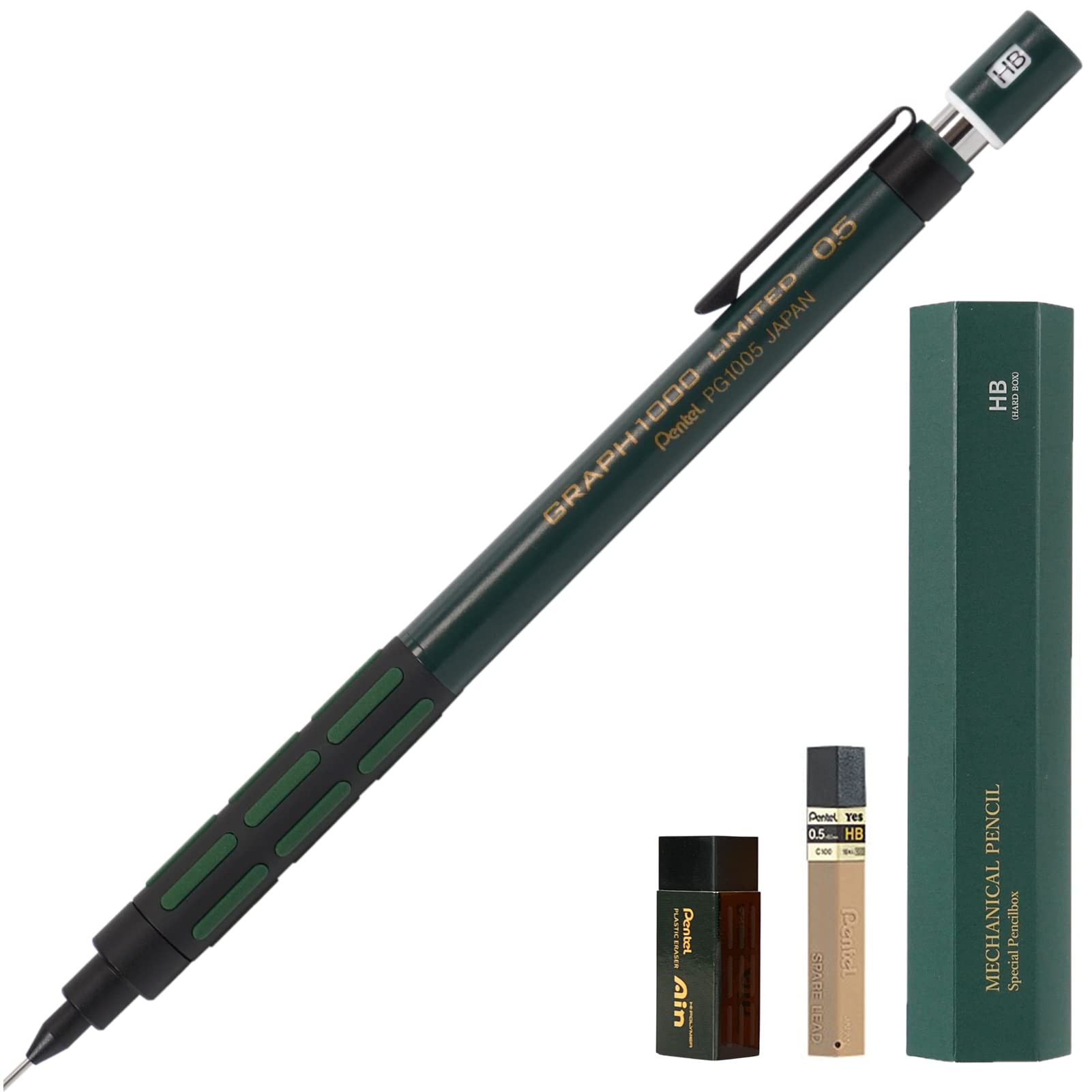【GRAPH1000 LIMITED】 ぺんてる シャープペン グラフ1000 限定レトロカラー ｜ レトロ消しゴム & ハイポリマー芯 & RingLeafオリジナルペンボックス付 ｜ （ディープグリーン）商品画像