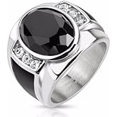 Diamond Cut Onyx Stone with Black Enamel Sides Cast Stainless Steel Ring