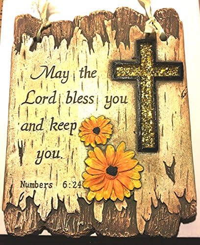 Ceramic "Wooden" Carving Wall Plaque decor with Gold Sparkling Cross. Numbers 6:24 May The Lord Bless You And Keep You.